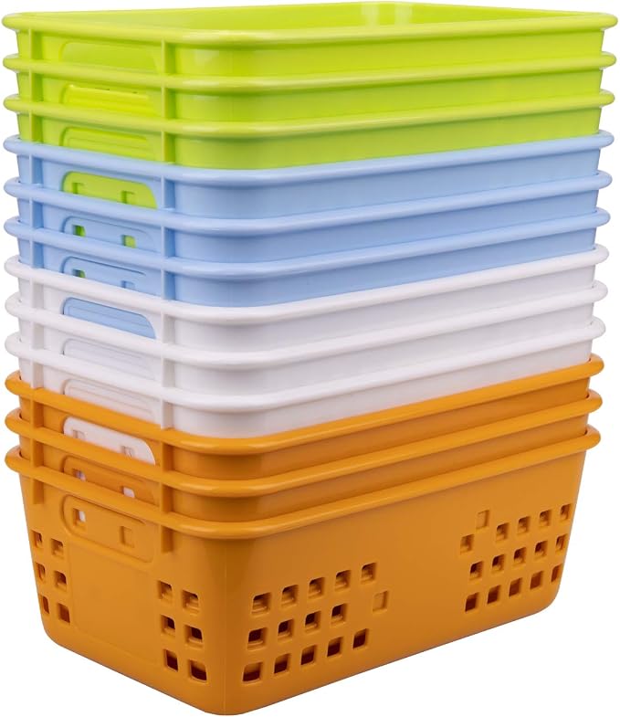 Jucoan 12 Pack Classroom Storage Baskets, Colorful Small Plastic Organizer Basket Bin, Pen Pencil Crayon Storage Tray for Home Office School Desktop, Drawers, Shelves, 4 Colors, 8.5 x 5.5 x 3 Inch