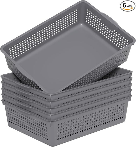 6-Pack A4 Paper Storage Trays, Desktop File Organizer Baskets, Grey | Organizing Desk Tray for A4 Papers, Classroom Storage Plastic Paper Bins, Fun Turn In Trays for Teachers and Students