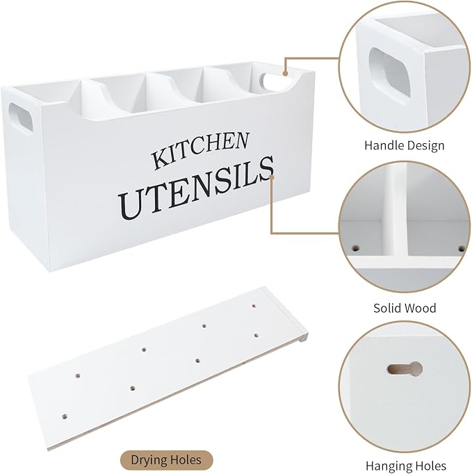 Kitchen Utensil Holder with Drainage Bottom, Extra Large 4 Compartments Solid Real Wood Utensil Organizer for Kitchen Counter, Farmhouse Cooking Tools Storage for Countertop, White