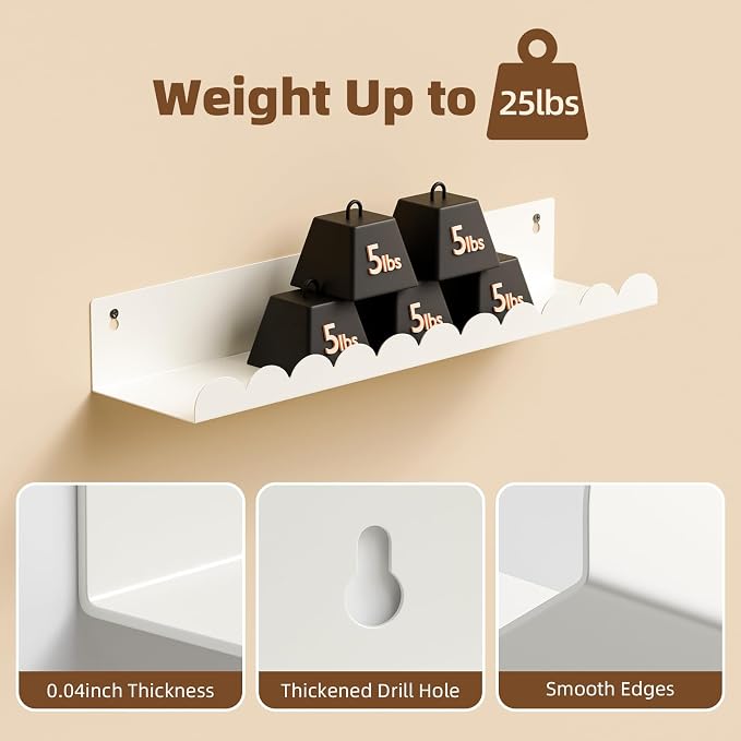 Nursery Book Shelves,Kids Bookshelf and Toy Storage,17 Inch Metal Floating Shelves Set of 4,Wall Shelves for Bedroom, Kids Room,Bathroom,Kitchen,Playroom Decor,Nursery Decor (White Metal, 17 inch)