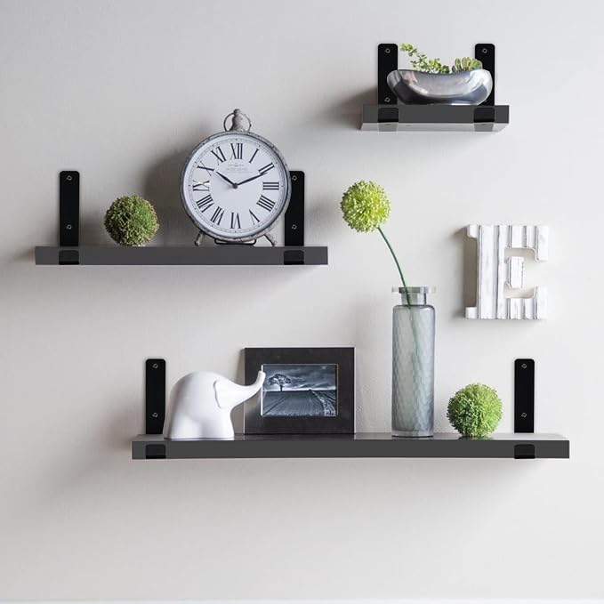 16 Pack - 7.25" L x 4" H x 1.5" W J Lip Shelf Brackets Rustic Farmhouse Iron Wall Floating Shelf Bracket Metal Shelf Bracket Industrial Shelf Supports with Screws Black