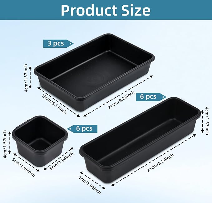 Kutesna 15 Piece Drawer Organizer Set, 3 Size Interlocking Plastic Storage Bins for Office Supplies, Jewelry Makeup Vanity, Bathroom Kitchen, Home Organization Closet, Gadgets Small Items, Black