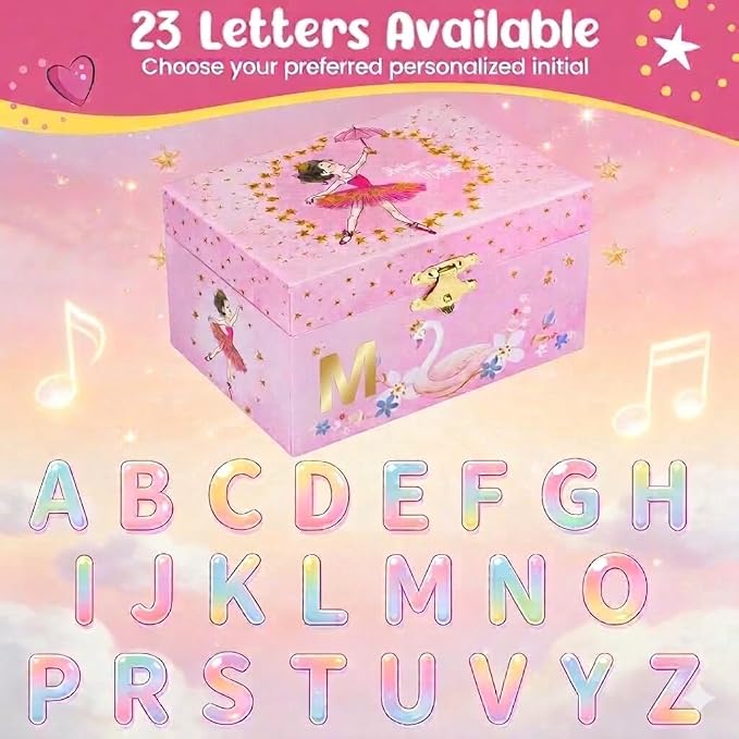 Magical M Initial Pink Ballerina & Swan Music Box - Custom Girl's Jewelry Box with Mirror & Music, Set Includes Matching Necklace & Bracelet, Special M Letter Jewelry Box for Girls