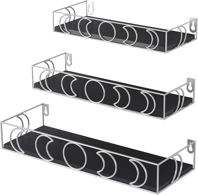 PHAREGE Moon Phase Floating Shelves Black Silver Set of 3 | Small Decorative Wall Shelves for Book Plant Storage, Crystal Figurine Collectibles Display Shelf for Bedroom Kid Room