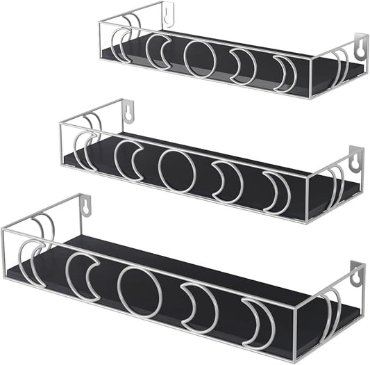 PHAREGE Moon Phase Floating Shelves Black Silver Set of 3 | Small Decorative Wall Shelves for Book Plant Storage, Crystal Figurine Collectibles Display Shelf for Bedroom Kid Room