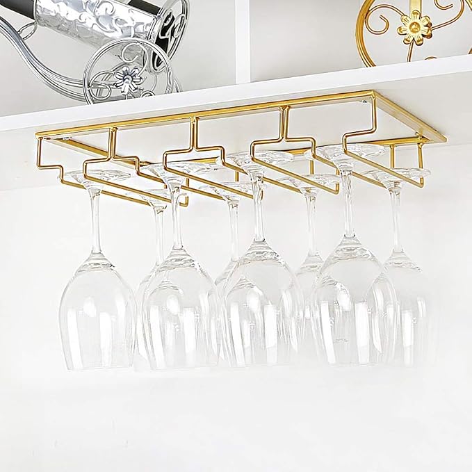 FOMANSH Wine Glass Rack - Under Cabinet Stemware Wine Glass Holder Glasses Storage Hanger 2 Pack Metal Organizer for Bar Kitchen Gold
