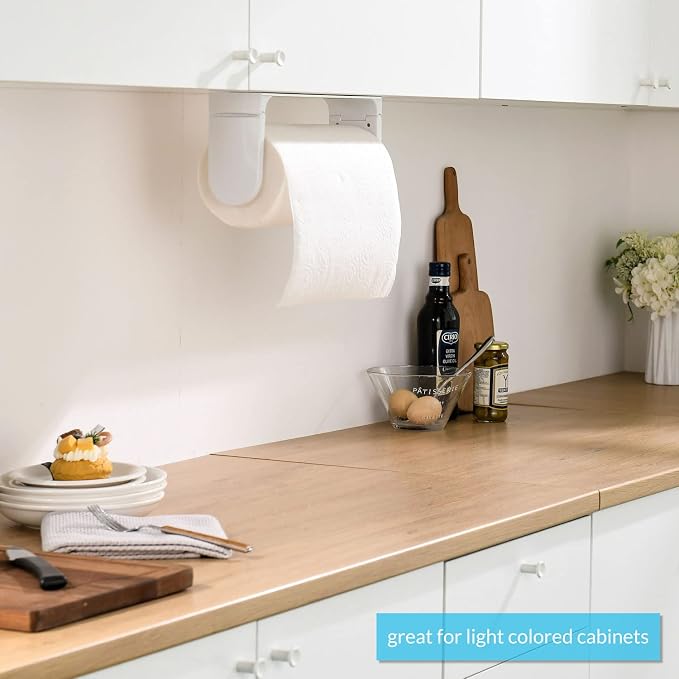 simpletome ONE Hand Simple Tear Paper Towel Holder Under Cabinet (White) | tension arms, tear one/more sheets at one time | aluminum alloy+abs | adhesive or drilling for wall/cabinet | for 28cm roll