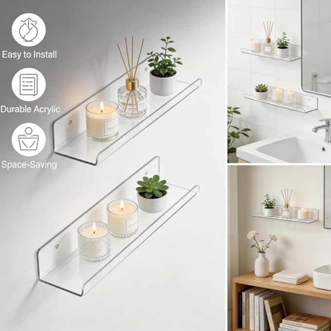 ROYALITA 2-Pack Acrylic Shelves Wall Mounted, 17 Inch Display Shelves | for Small Items Plants Organize Wall Shelves for Gaming Room, Bedroom, Living Room, Office, Clear