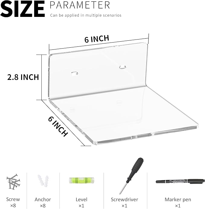 6 Inches Clear Small Wall Shelves, Acrylic Floating Shelf for Small Space, Acrylic Display Ledges for Funko Pop Figures, Home Décor, Plants, Smart Speaker, Digital Clock, 4 Pack
