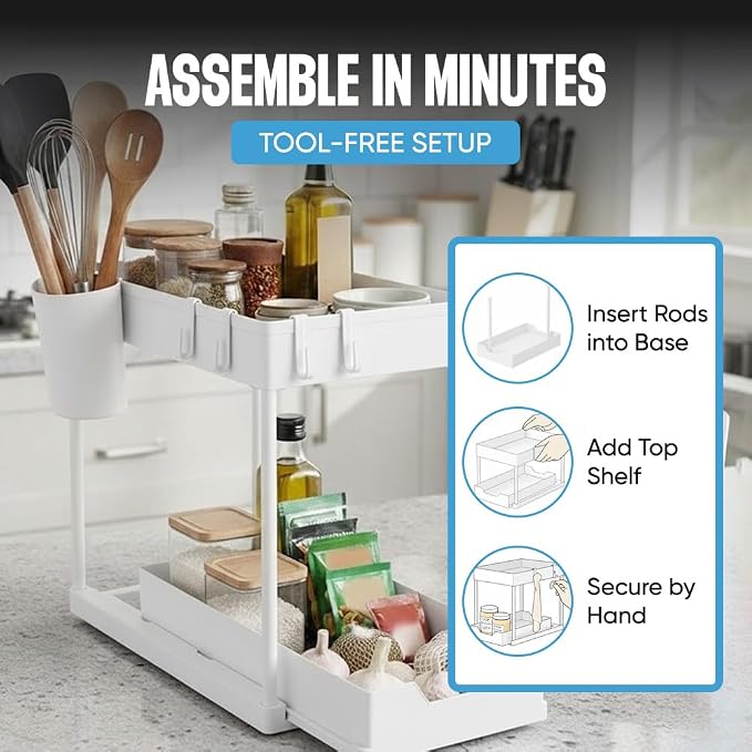 Undersink Organizer, 2-Tier Under Sink Storage Rack with Sliding Drawers for Kitchen Bathroom Cabinets, Pull Out Organizer for Pantry, Laundry Room & Closet Organization - 2 Pack, White