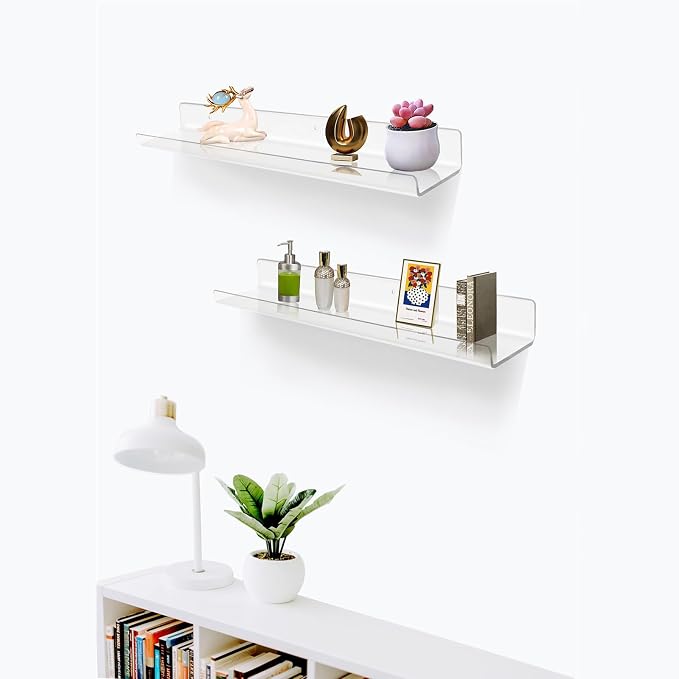 ROYALITA 2-Pack Acrylic Shelves Wall Mounted, 24 Inch Floating Shelves | for Small Items Plants Organize Wall Shelves for Gaming Room, Bedroom, Living Room, Office, Clear