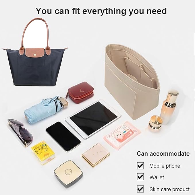 Lckaey Purse Organizer Insert for longchamp(Small) shor thandle Handbags Organizer 1012Beige-S