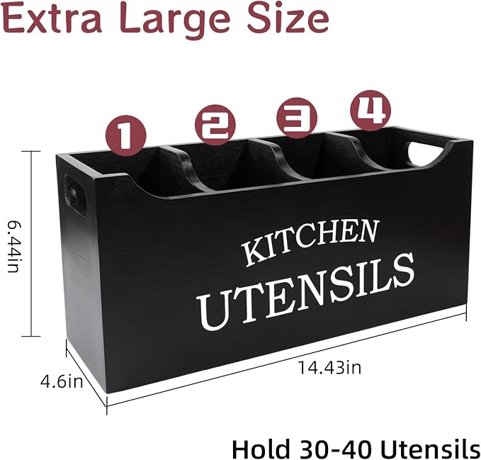 Utensil Holder for Kitchen Counter, Wood Extra Large 4 Compartments Kitchen Utensil Holder with Drainage Bottom for Countertop, Farmhouse Cooking Tools Organizer for Spatula, Black