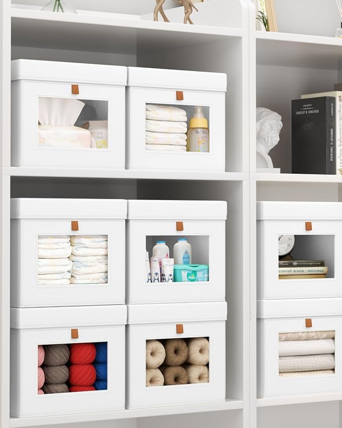 Homsorout Storage Bins with Lid – Closet Organizer with Side Opening and Clear Window, Foldable Stackable Fabric Basket for Clothes, Home, Office - 13.77" x 11.8" x 9.8", 3 Pack, White