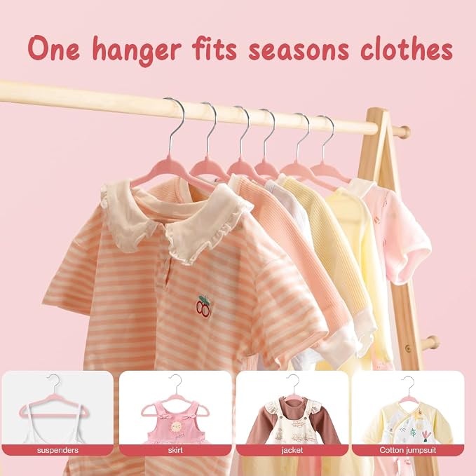 Stormix Baby Velvet Hangers 30 Pack, Kids Non-Slip Felt Hangers with Shoulder Notches, Thin Space Saving Hangers for Closet Organization, 360° Swivel Hook for Toddler's Clothes - Pink