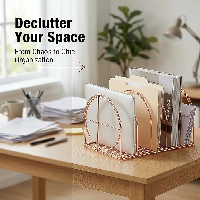 File Sorter Organizer, 5 Section Magazine Holder Rack, Desktop Round Wire Book Stand for Mail, Paper, Document, Folder, Record and Desk Accessories, Rose Gold