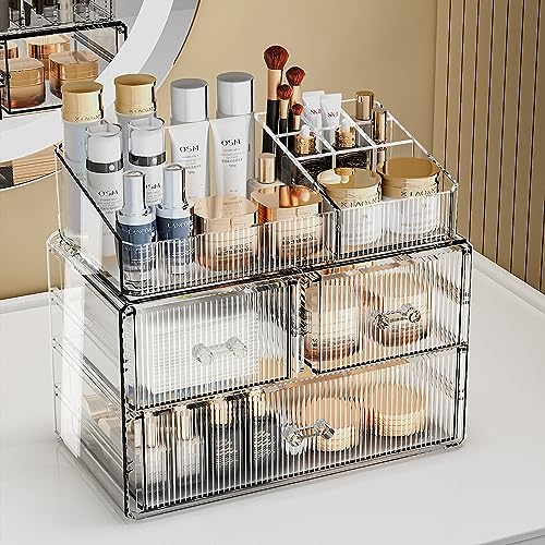 ZHIAI Stackable Cosmetic Organizer, Acrylic Cosmetic Organizer for Dresser, Vanity, Kitchen Cabinet, Bathroom, Under Sin