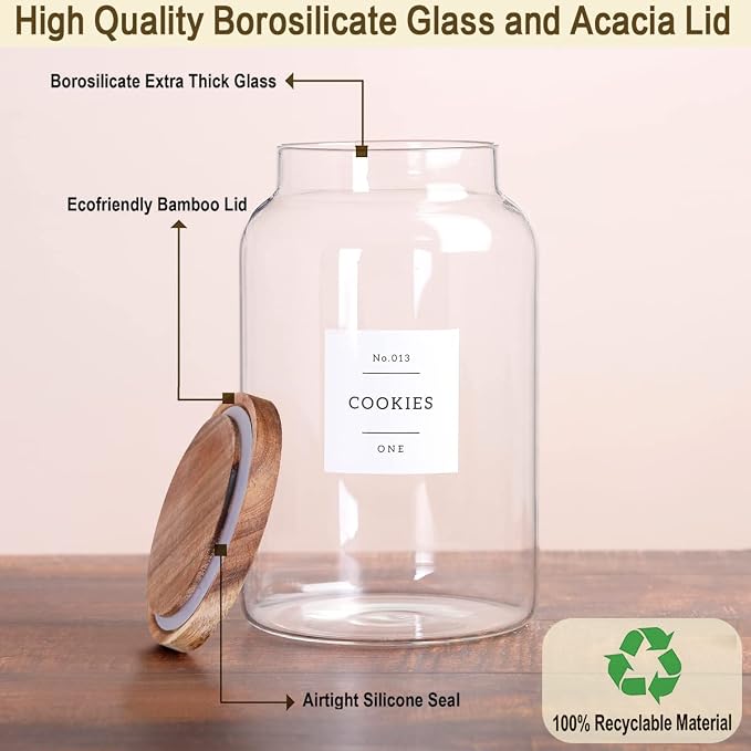 1 Gallon Large Glass Cookie jar with Airtight Acacia lids - Thicken Big Food Storage Containers with 42 Kitchen Waterproof Pantry Labels Preprinted - Clear Glass Canister for Flour, Rice, Coffee