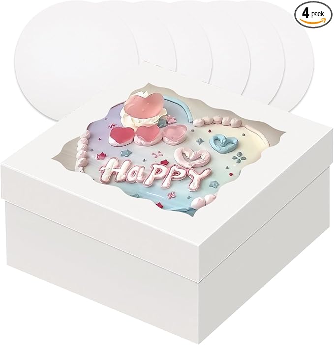 qiqee White 12"x12"x6" Cake Box 4Pcs, 6" White Cake Round Boards 4Pcs, for Cake, Treat Cookie Dessert, Birthday Party