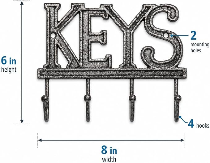 Comfify Gray Cast Iron Key Holder for Wall – Keys Sign with 4 Hooks | Neutral gray versatile finish; mounting hardware included; entryway, hallway or door; 6"H x 8"L; holds 8 keychains