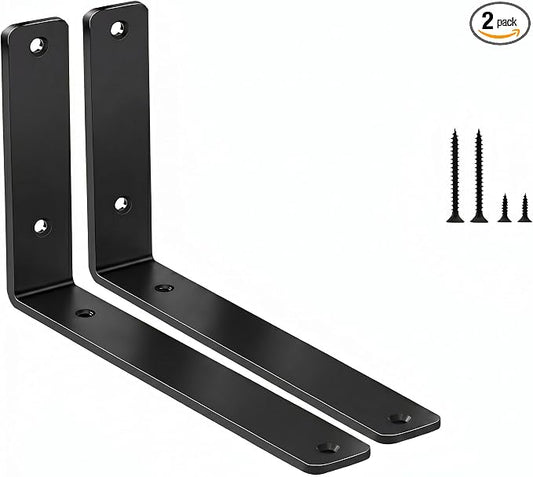 2 Pack - L 12" x H 8" x W1.5, 5mm Thick Black L Shelf Bracket, Iron Shelf Brackets, Metal Shelf Brackets, Floating Shelf, Shelf Supports with Screws