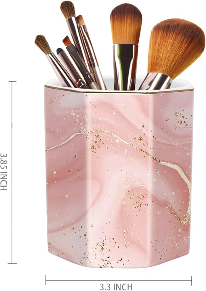 Cute Pen Holder for Desk, Ceramic Pencil Holder, Pen Cup Marker Holder Makeup Brush Holders, Desk Accessories & Workspace Organizers for Home, Office, Red Marble