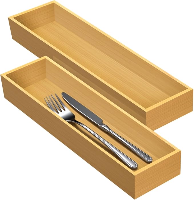 guiogc Bamboo Drawer Silverware Organizer 11.5" x 3.15" x 1.8" Set of 2 | Flatware Organizers, Multi-purpose Storage Box, For Kitchen, Offices and Dressing table, Bamboo Material