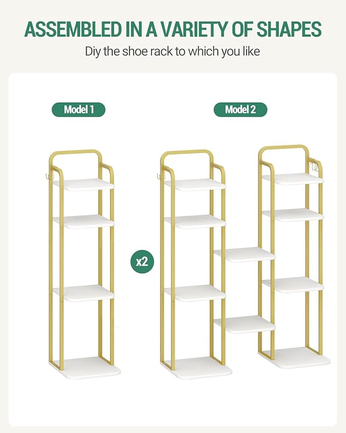 Hzuaneri 6 Tiers Vertical Shoe Rack, Narrow Shoe Tower, Tall Shoes Shelf with 2 Hooks, Adjustable Shelves, Corner Shoes Shelves for Small Spaces, Entryway, Living Room, White Gold SR04213A