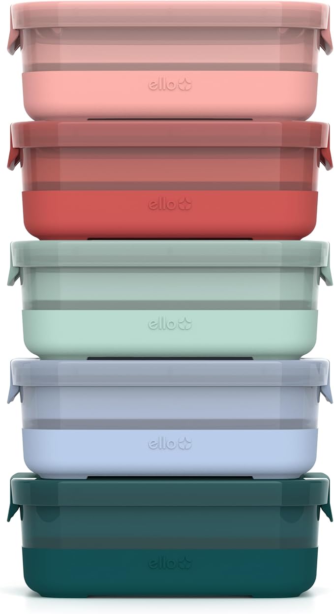 Ello Plastic Meal Prep Set BPA Free Plastic Food Storage Container with Silicone Boot and Airtight Lids, Dishwasher, Microwave, and Freezer Safe.