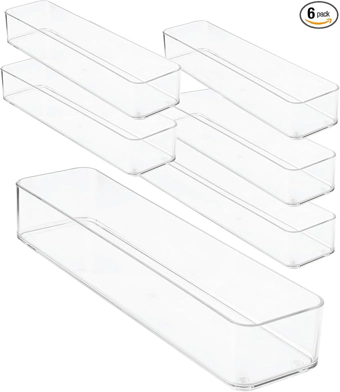 primebox Plastic Clear Drawer Organizers. Bathroom, Kitchen, Bedroom, Gadgets, Office Organizer Bins, Storage Trays. Heavy Duty, Stackable. 12" x 3" x 2" Set of 6