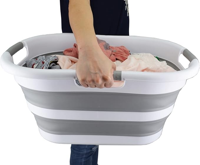 SAMMART 40L (10.5 gallon) Collapsible Plastic Laundry Basket - Foldable Pop Up Storage Container/Organizer - Portable Washing Tub - Space Saving Hamper/Basket (1, White/Grey)