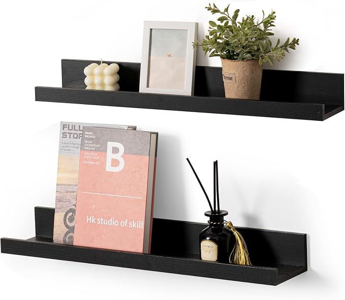 Muzilife 24" Small Floating Wall Ledge Shelves with Lip - Set of 2 Wood Floating Shelves - Black Wall Mounted Picture Ledge for Office, Bathroom, Bedroom, Living Room, Kitchen