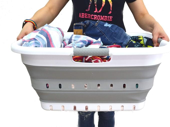 SAMMART 41L (10.8 gallon) Collapsible 3 Handled Plastic Laundry Basket - Foldable Pop Up Storage Container/Organizer - Portable Washing Tub - Space Saving (3 handled rectangular, White/Grey)