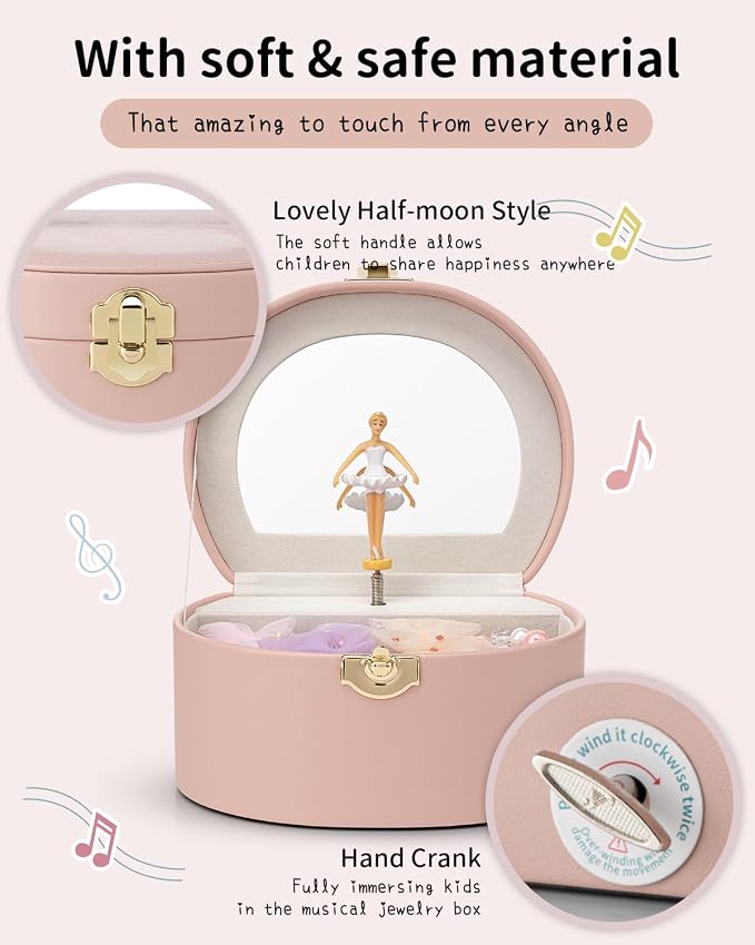 Vlando Musical Jewelry Box for Girls, Small Kid Music Box with Ballerina for Birthday Bedroom Decor, Gifts for Girls Kids - Pink