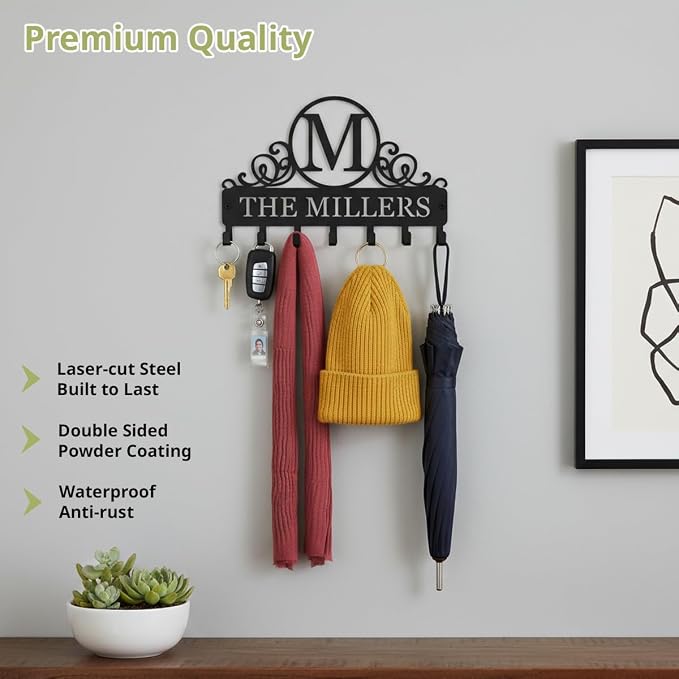 Key Holder Wall Mount, Personalized Adhesive Key Holder Hook for Wall, Metal Key Rack for Housewarming Gift
