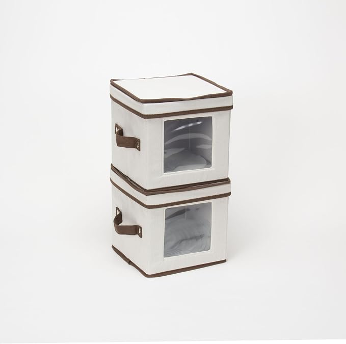 Household Essentials China Plate Storage Box, Holds 12 Dessert Plates or Bowls, Windowed Panel, Sturdy Frame and Reinforced Handles, Felt Cushions, Fully Removable Lid