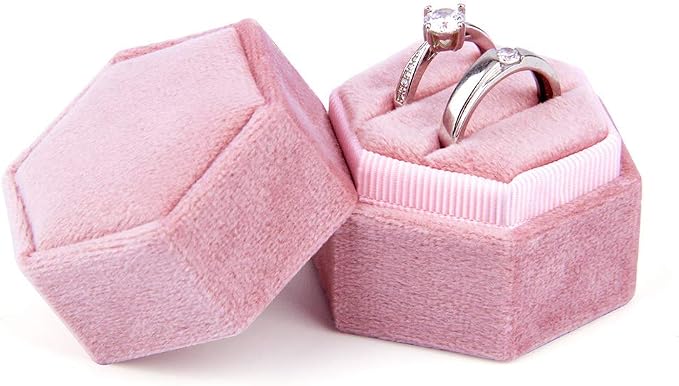 DesignSter Velvet Ring Box Hexagon - Premium Gorgeous Vintage Double Ring Display Holder with Detachable Lid for Proposal, Engagement, Wedding, Ceremony (Pink)