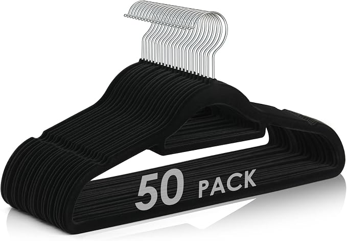 DUDUCOFU Velvet Hangers Non Slip Felt Hangers, 50 Pack Black Velvet Clothes Hangers Space Saving Slim with 360 Degree Swivel Hook for Suits Coats, Jackets, Pants, and Dress Clothes