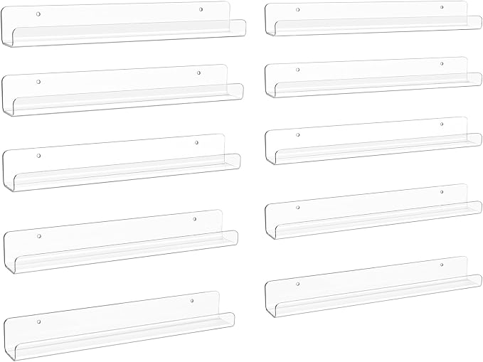 upsimples 10 Pcs 12" Clear Acrylic Shelves, Small Shelf for Wall Display | Narrow Floating Shelves for Nail Polish, Vinyl Wall Mount, Record Holder, Magazine Rack, Comic Display, Picture Ledge Shelf