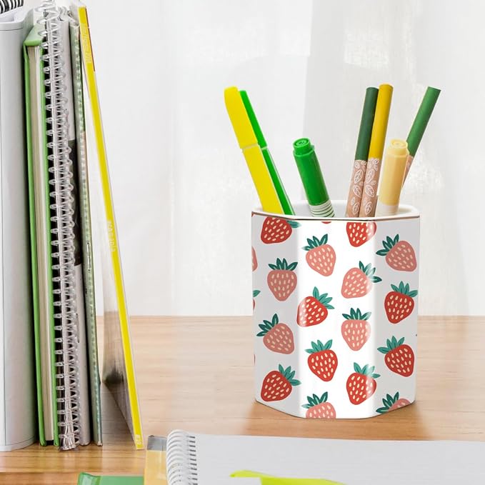 Ceramic Strawberries Pen Holder for Desk Cute Pencil Cup Desk Organizer Makeup Brush Holder for Girls, Women, Stationery for Office, Home, Daily Use, (Pink+white)
