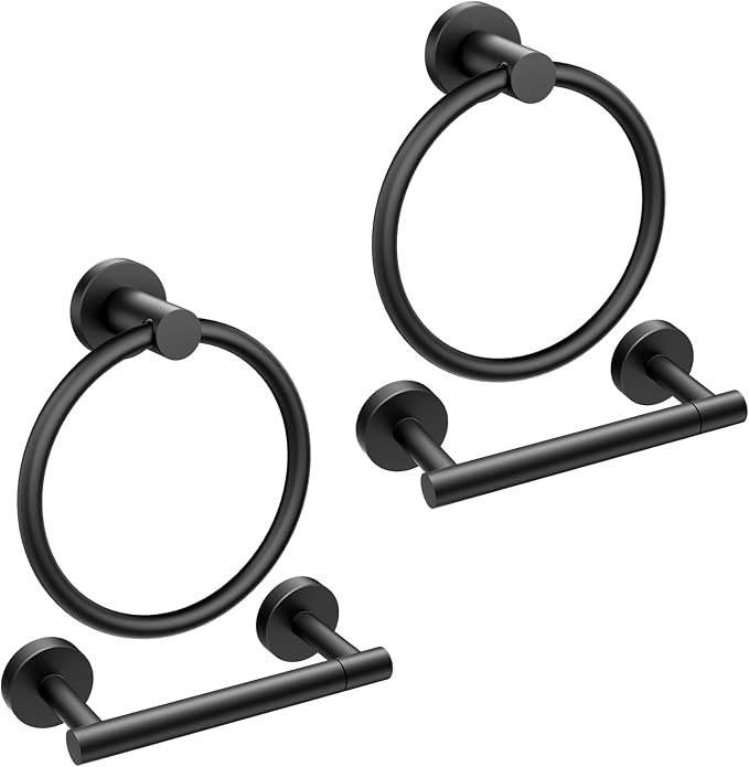 FORIOUS Toilet Paper Holder Wall Mount, SUS304 Stainless Steel Double Post Pivoting Tissue Roll Holder and Hand Towel Ring Set for Bathroom, RV, Bathroom Hardware Accessories Set, Matte Black 2 Pack