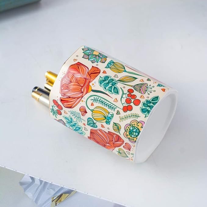 Ceramic Pen Holder For Desk Cute Flower Stand Aesthetic Floral Pencil Cup Pot Desk Organizer Makeup Brush Holder Gift for Girls Women (Flower)