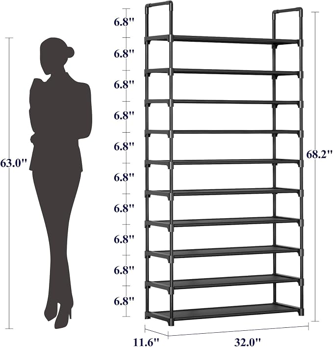 Kitsure Shoe Rack - 10-Tier Shoe Organizer with Detachable Fabric Shelves & Metal Frame, Tall Shoe Rack for Closet, Entrance, Living Room, 32.0" Wide - 10 Tier, Black