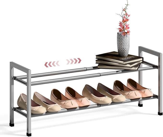 Bumusty 2 Tier Expandable Shoe Rack for Closet, 18“-33” Adjustable Shoe Rack for Small Space, Small Shoe Organizer for Front Door, Sturdy Metal, Light Grey
