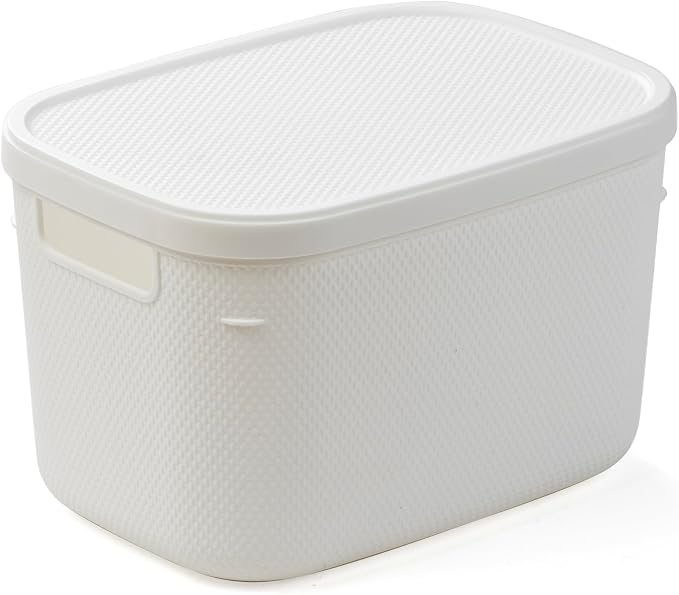 BINO | Plastic Storage Bins with Lids, 5.5 Liter - 3 Pack, White | THE TWILL COLLECTION | Plastic Bins for Organization | Woven Storage Baskets for Organizing | Pantry Shelf Organizer Basket Bin