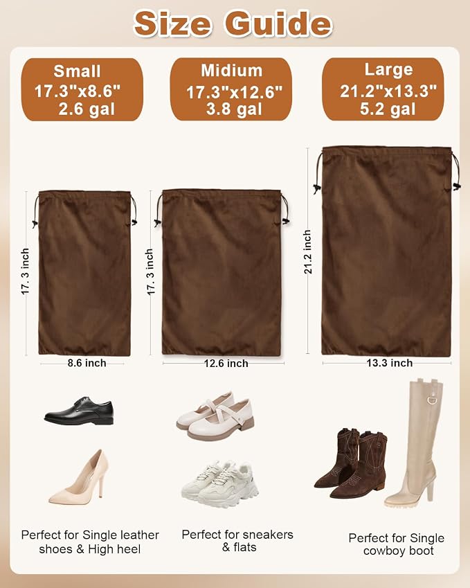 4 Pcs Shoe Bags for Travel, Dust Velvet Bag, Mocha Mousse, 17.3x12.6 Inch | Washable & Reusable Travel Shoe Bags, Dustproof Shoe Bags with Drawstring Closure, Suitable for Travel, Home Storage