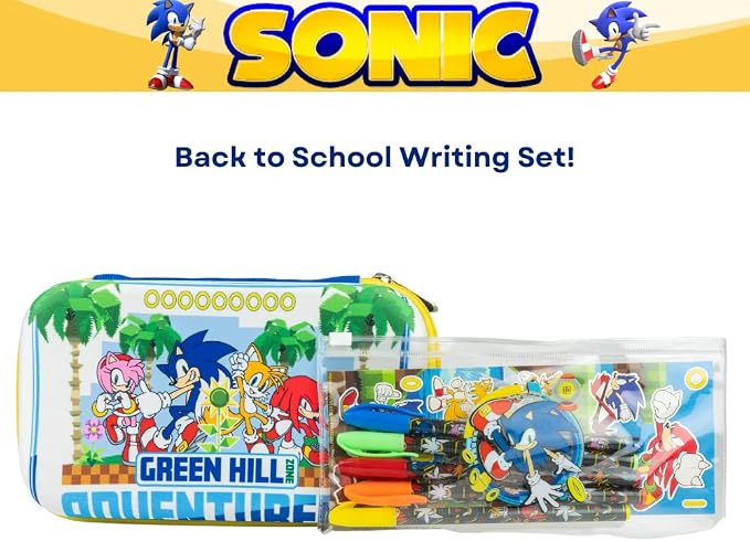 Innovative Designs Sonic the Hedgehog Pencil Case Set with Stickers and Gel Pens for Kids, Molded with Zip Closure, Blue