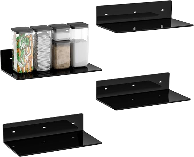 12 Inches Black Wall Shelves Set of 4, Acrylic Floating Shelf for Wall, Wall Mounted Display Shelf for Bedroom, Living Room, Funko Pop Shelves, Smart Speaker, 4 Pack