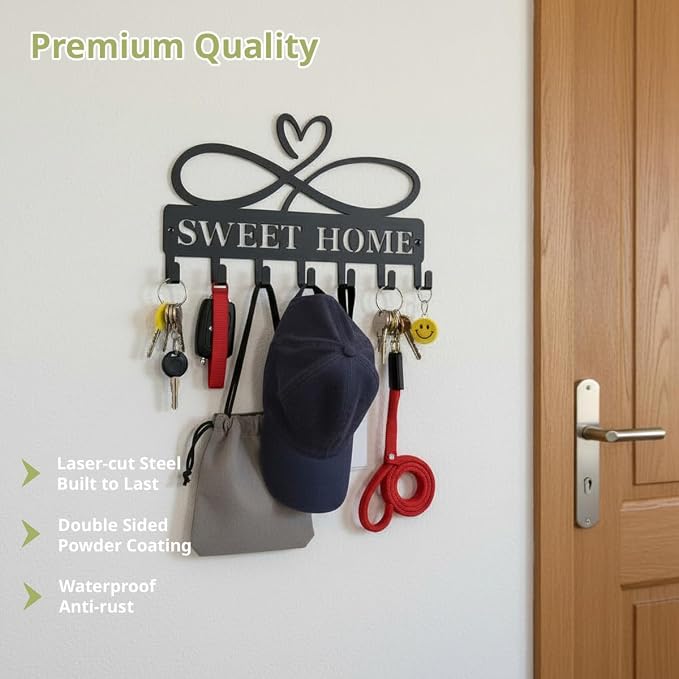 Key Holder Wall Mount, 12 Inch Key Holder Hook for Wall, Metal Key Rack for Housewarming Gift, Black