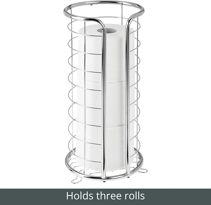 mDesign Metal Free Standing Toilet Paper Organizer Stand - 3 Rolls of Jumbo Toilet Tissue Storage - Bathroom Decor Accessory for Under Sink, Vanity, and Inside Cabinet Shelf - Omni Collection, Chrome